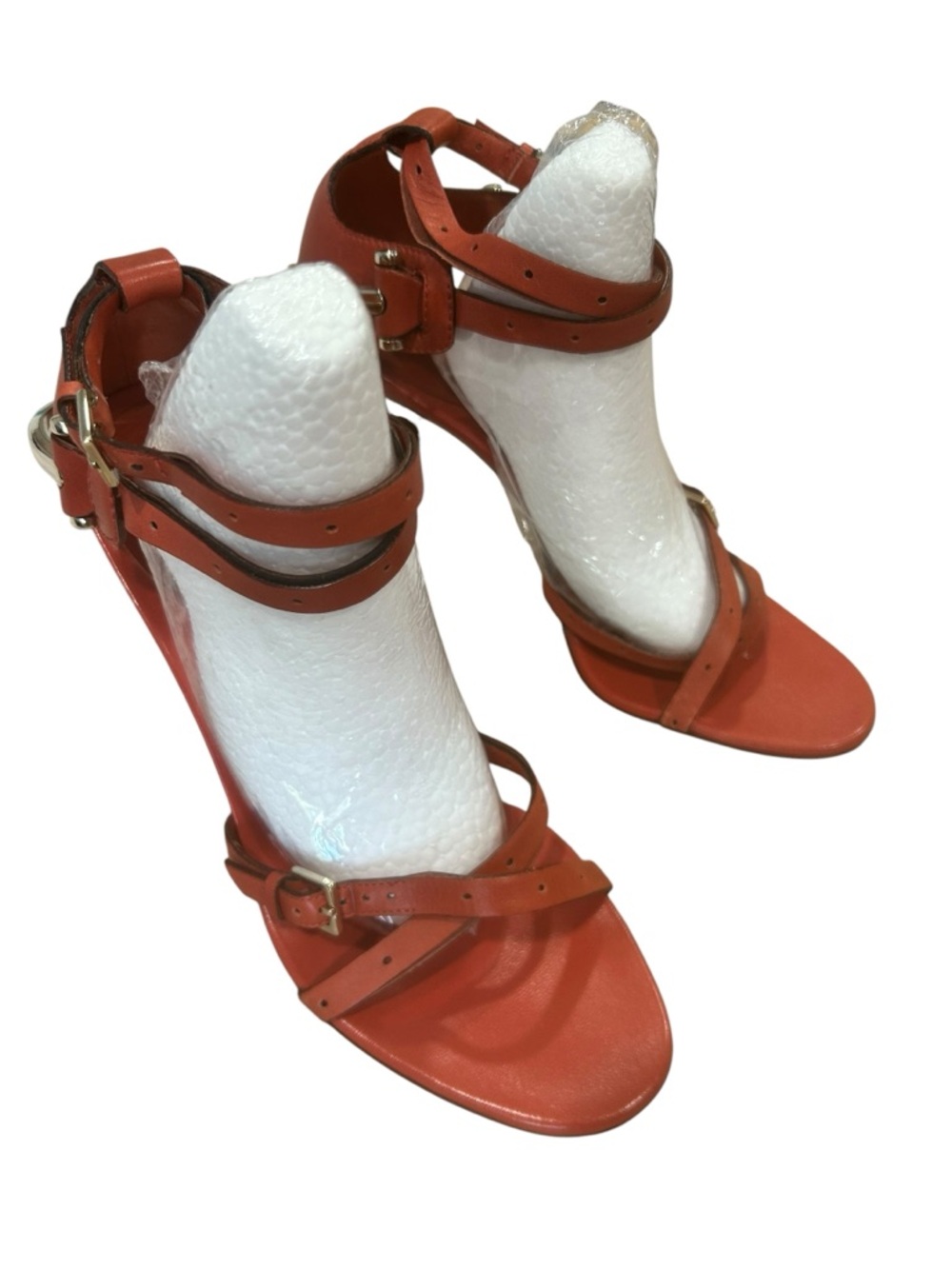 Gucci Women Sandals Strappy Heels Orange Red Leather Italy size 8B READ FLAWED - Picture 7 of 16
